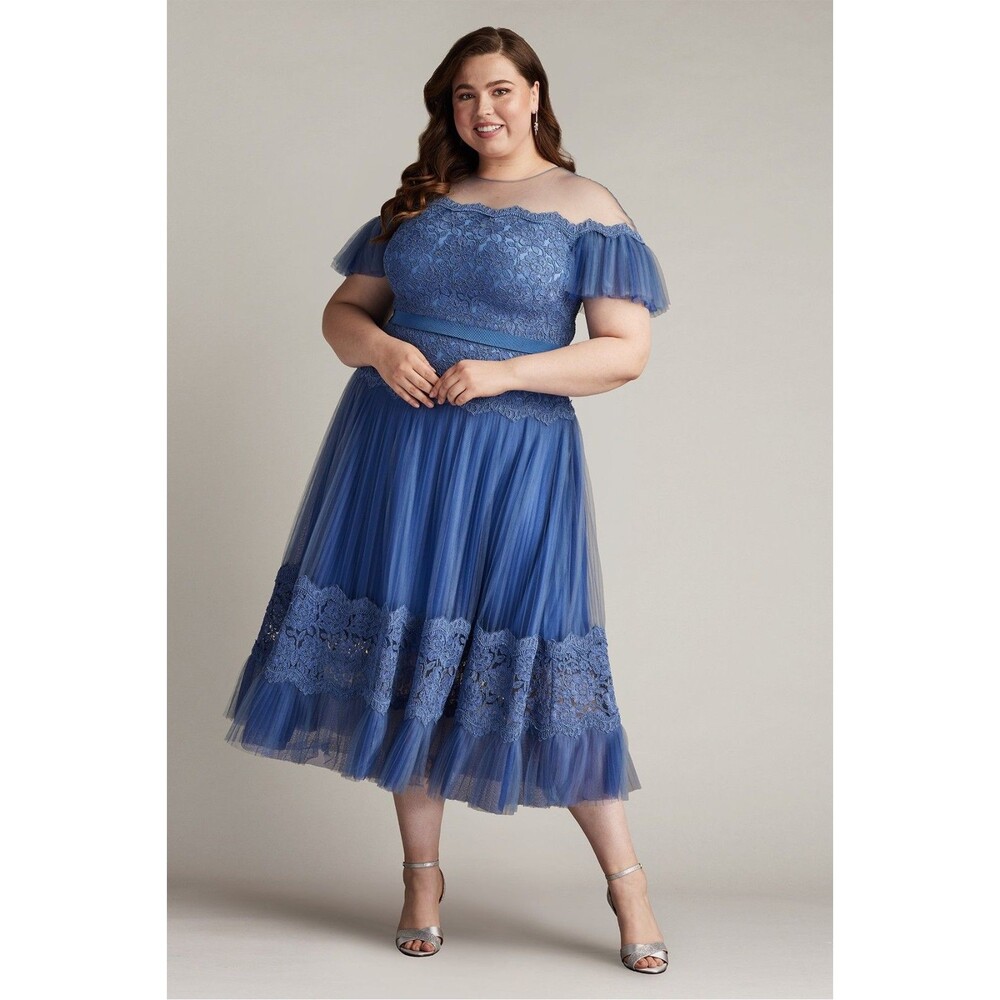 Tadashi Shoji Off Shoulder Blue Lace Chiffon Detail Dress Gown Womens 20 $558